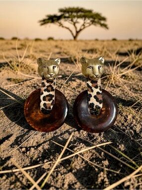 Vintage Leopard Head & Dangling Tortoiseshell Hoop Statement Earrings
